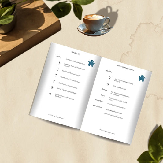 home printed table of contents  from pages of the digital restorative sleep guide on a light surface with a cup of coffee and plant leaves.