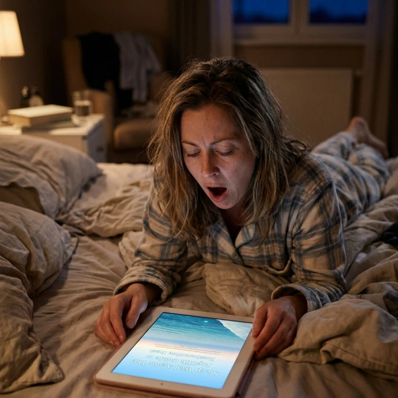 Woman in pyjamas yawning while lying on a bed, with the Restorative Sleep Guide displayed on a tablet.