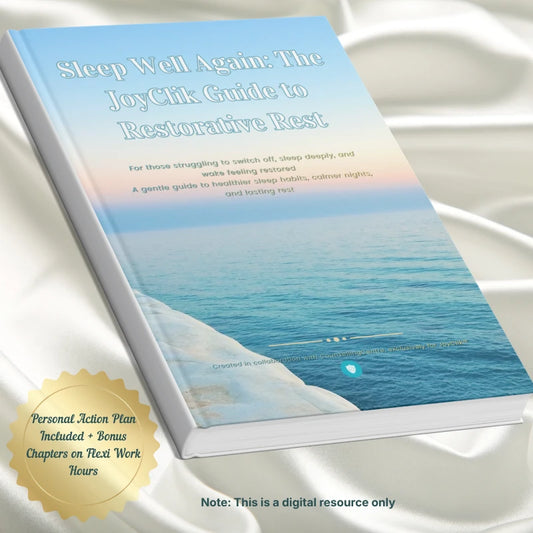 Digital guide titled 'Sleep Well Again: The JoyClik Guide to Restorative Rest' on a white fabric background with a note stated that it is a digital resource only but can be printed at home