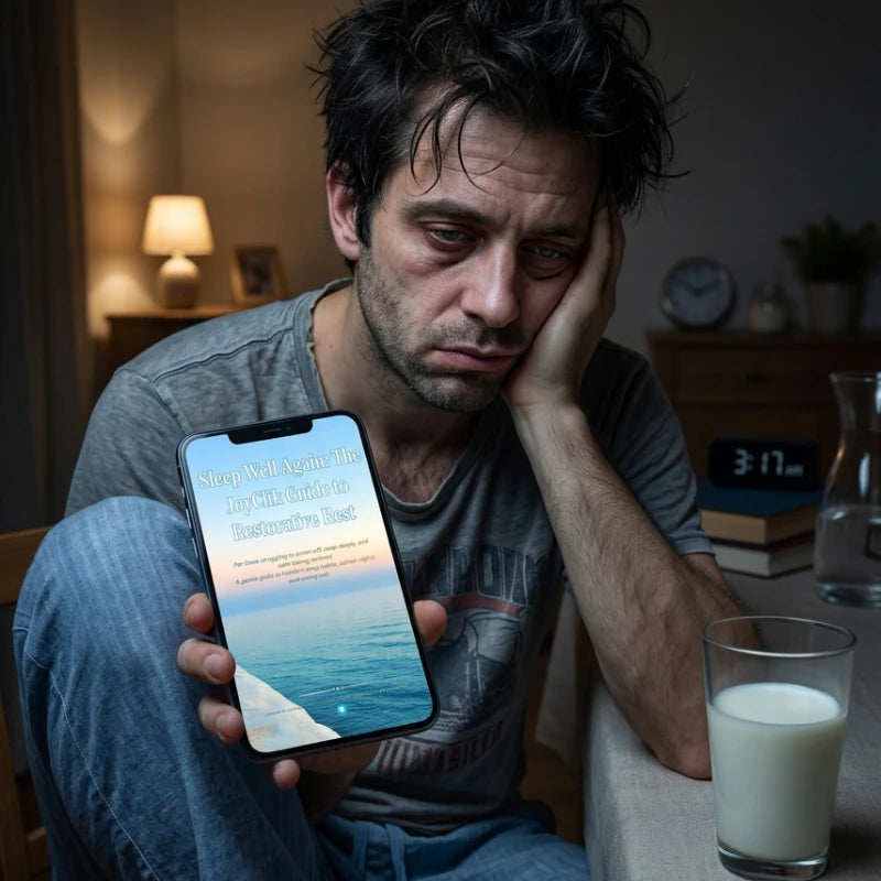 a Before image of a sleep deprived man holding a phone with showing the restorative sleep guide, sitting at a table with a glass of milk and books in a dimly lit room.