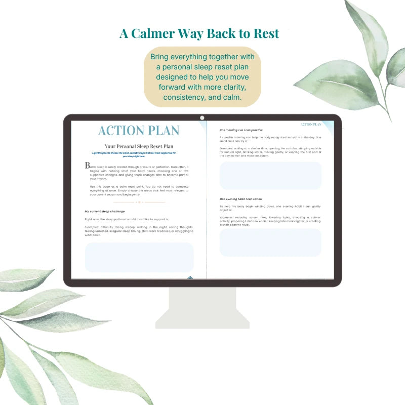 Computer monitor displaying a sleep reset plan from the digital restorative sleep guide with green leaves around