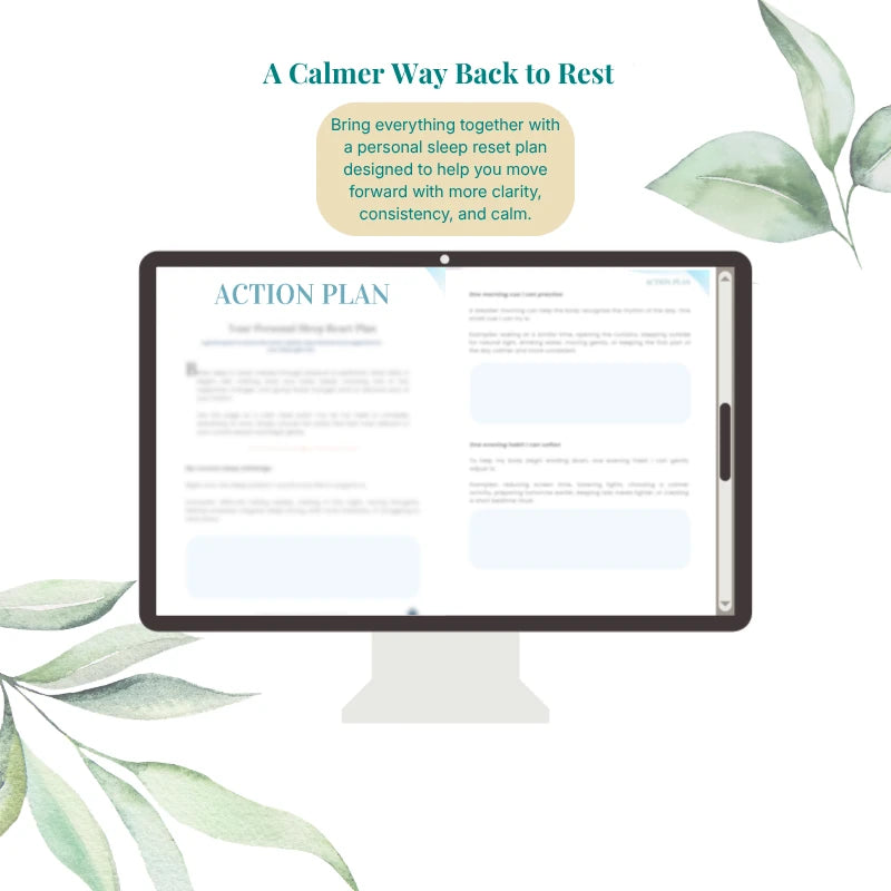Restorative Sleep Guide personal sleep reset plan displayed on a desktop screen, showing prompts and blue response spaces.