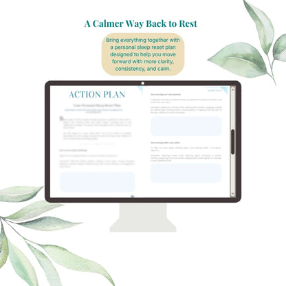 Restorative Sleep Guide personal sleep reset plan displayed on a desktop screen, showing prompts and blue response spaces.