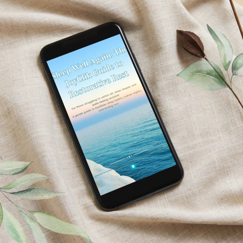 Phone displaying the Restorative Sleep Guide on a soft textured background