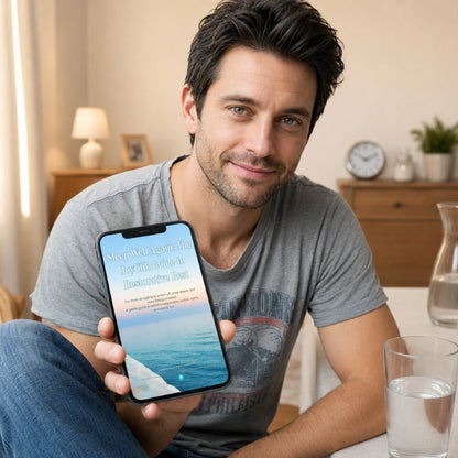 An after image of a well rested man holding a phone with showing the restorative sleep guide, sitting at a table with a glass of water in a sunny room.