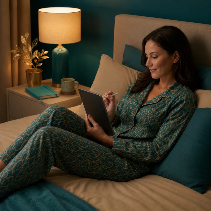 Woman in teal patterned pyjamas reclining against pillows, using a tablet and stylus in a softly lit bedroom.