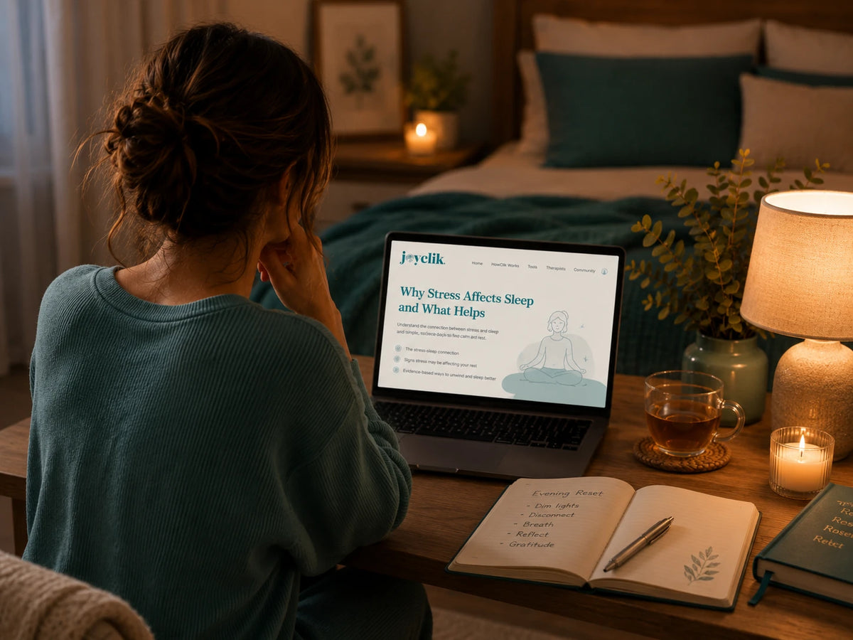 Calm JoyClik sleep support workspace with journal, soft evening light, and restful bedroom atmosphere