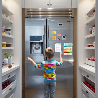 Child in a colorful shirt standing in front of a refrigerator with magnets on a kitchen shelf.