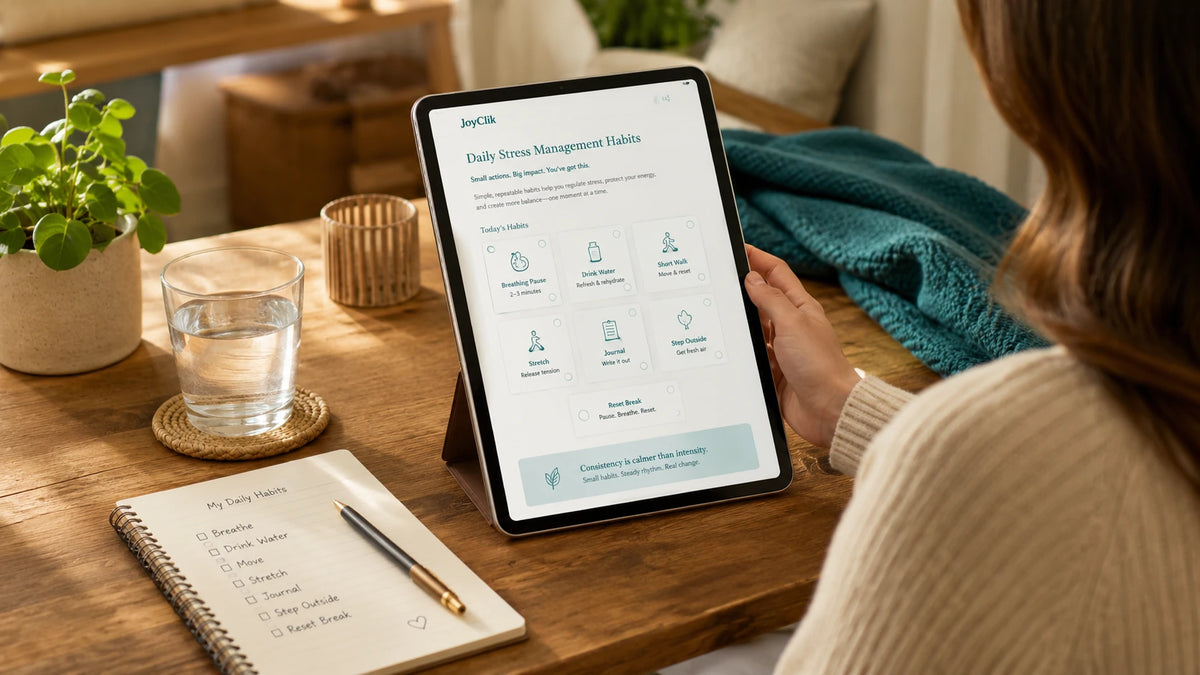 Calm JoyClik daily stress management habits workspace with journal and soft natural light