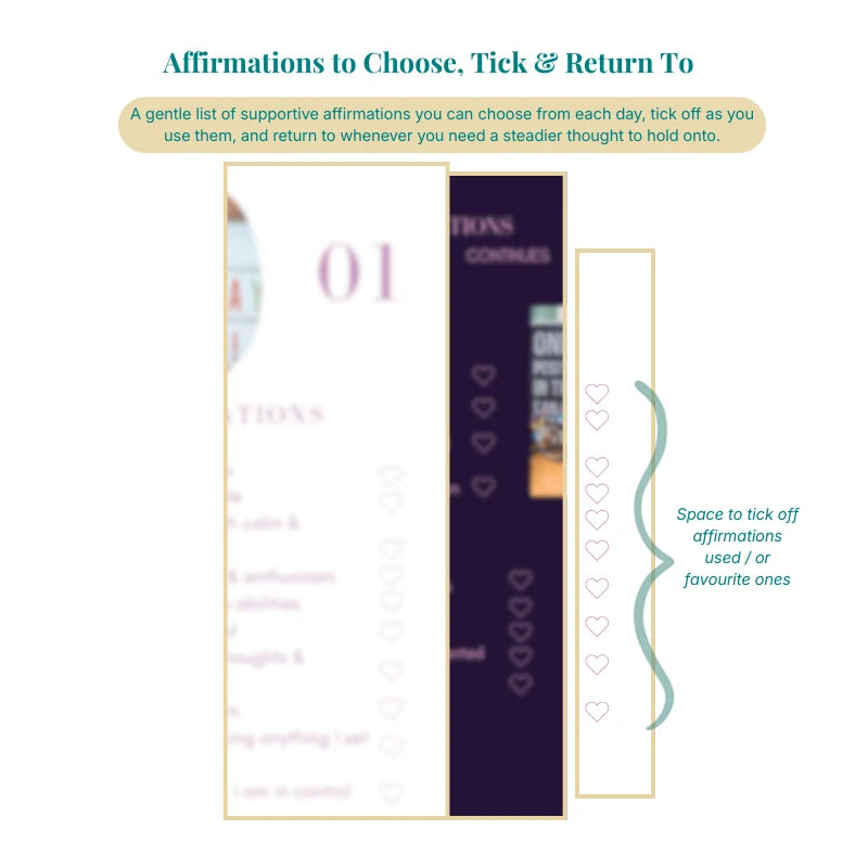 Sheet of paper with affirmations to choose, tick, and return to on a white background.