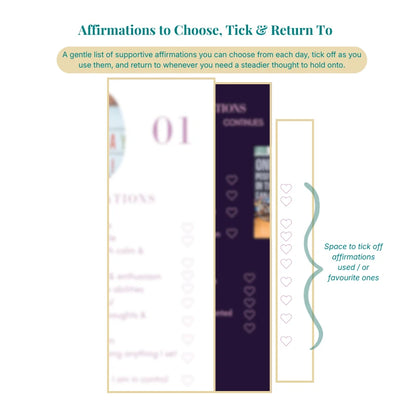 Sheet of paper with affirmations to choose, tick, and return to on a white background.