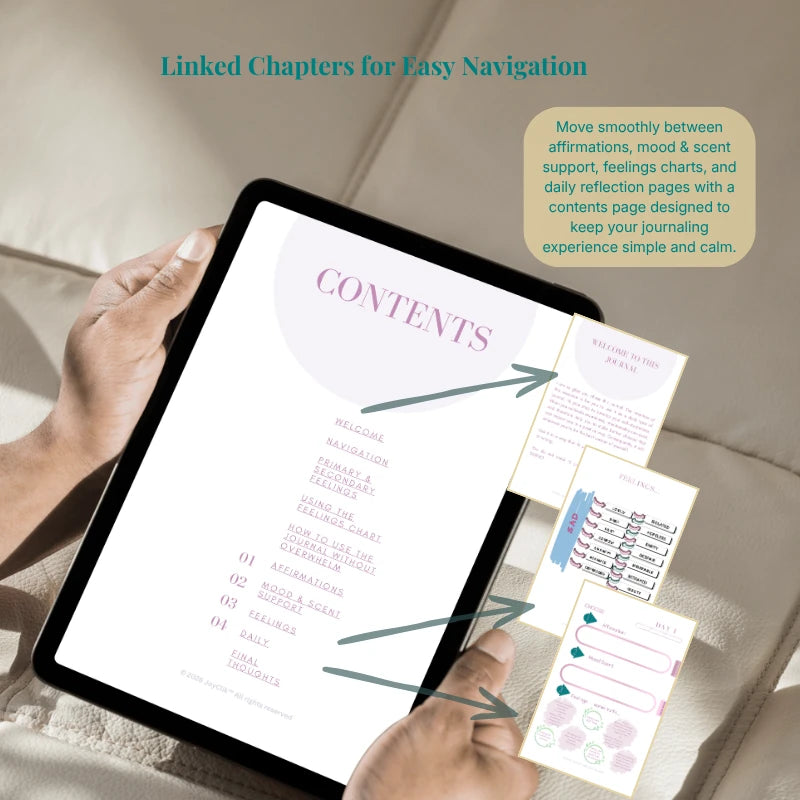 Person holding a tablet with a digital journal open, showing a 'Contents' page.
