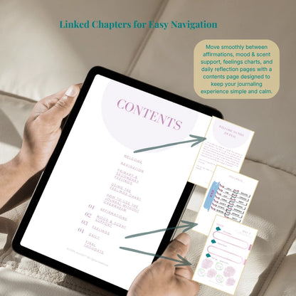 Person holding a tablet with a digital journal open, showing a 'Contents' page.
