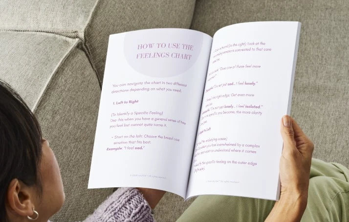 Person holding an open home printed book from the digital mindful living journal with the chapter titled 'How to Use the Feelings Chart' on a couch.