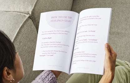 Person holding an open home printed book from the digital mindful living journal with the chapter titled 'How to Use the Feelings Chart' on a couch.