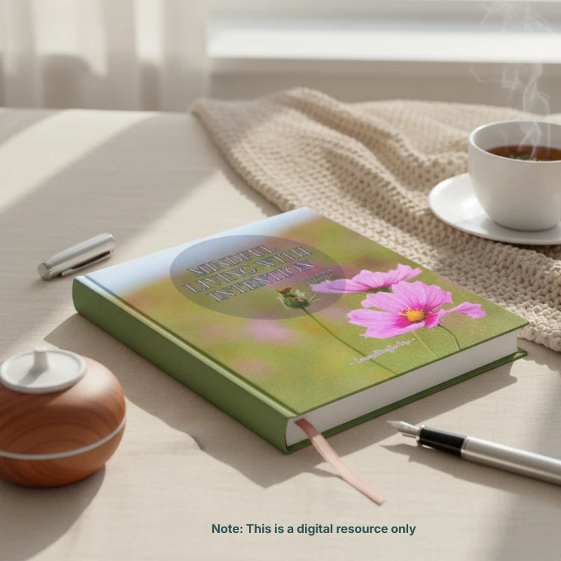 Book with floral design on a table with a cup of tea and diffuser with a note indicating that it is a digital resource only but can be printed at home