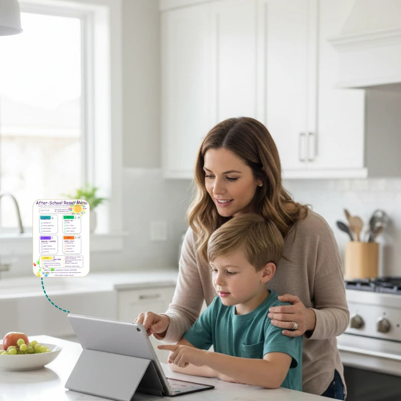Woman and child using a tablet in a kitchen with the Emotion Coaching at Home™  after-school routine plan displayed.