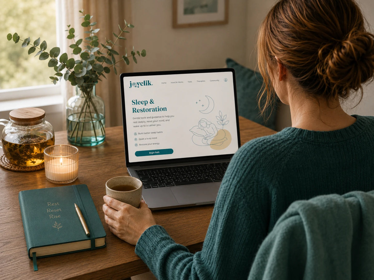 Calm JoyClik™ sleep and restoration workspace with an evening journal, warm lamp and soft bedding