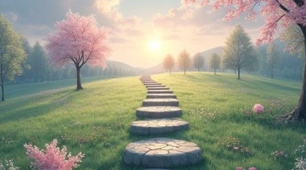 soft pastel themed image with trees and stepping stones guiding you to the sun