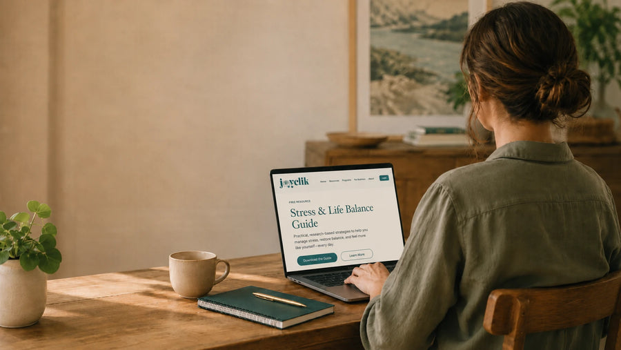 Calm JoyClik stress and life balance support workspace with soft natural light
