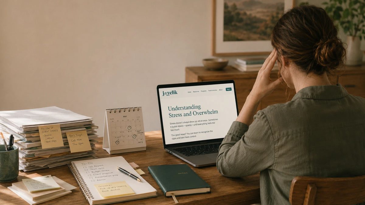 Calm JoyClik stress and overwhelm support workspace with journal and soft natural light